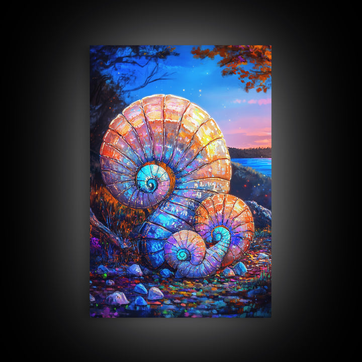 Glowing Nautilus Shells By Twilight Lake Framed Canvas Print, Coastal Wall Art, Seashell Decor, Beach House Gift, Ocean Wall Decor