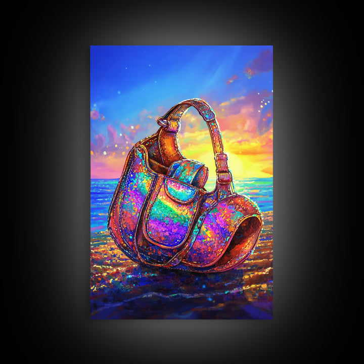 Iridescent Headphones On Sunset Beach Canvas Print, Music Studio Wall Art, Ocean Decor, Gamer Room Decor, Gift For Him, Art Gift