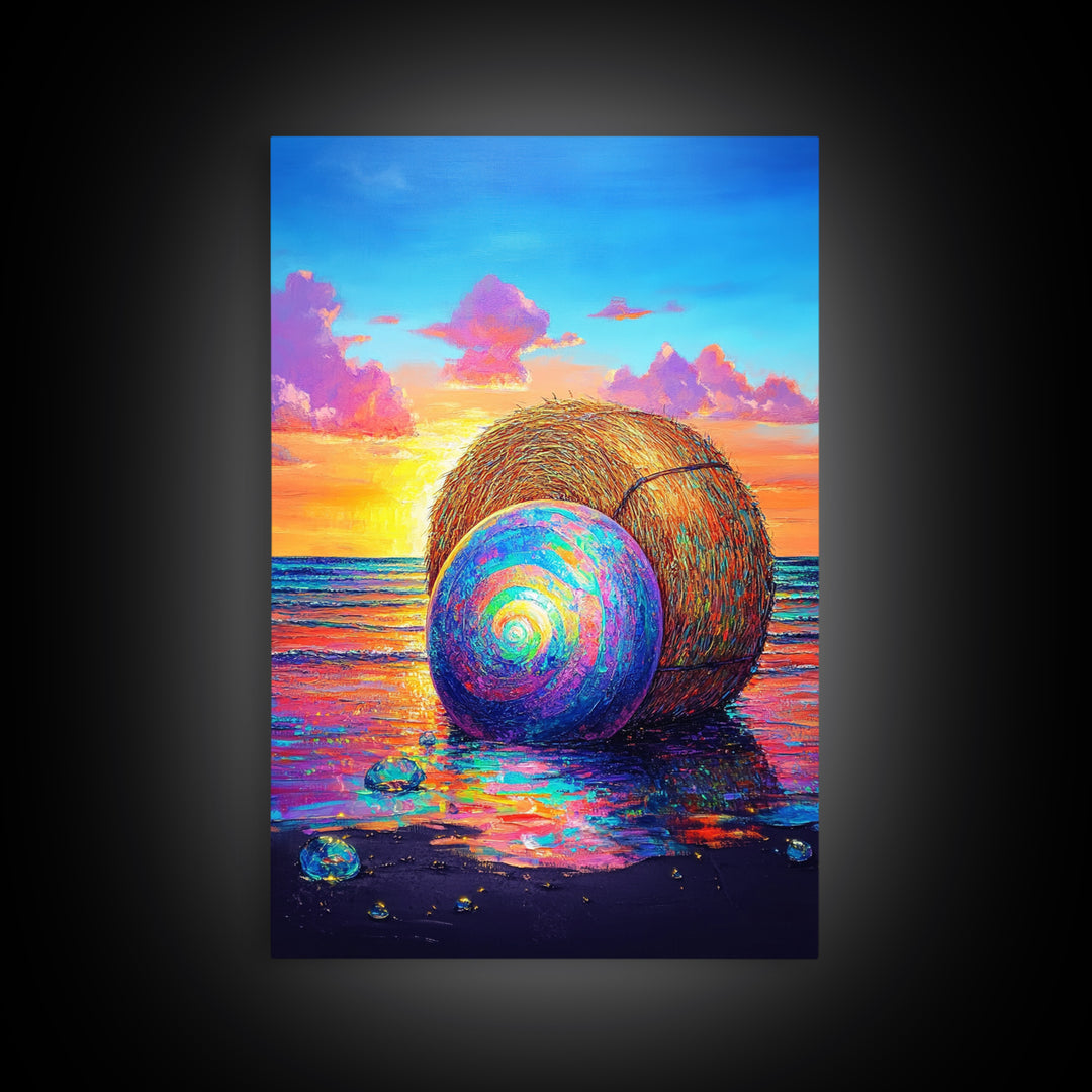 Rainbow Shell And Hay Bale On Beach Canvas Print, Coastal Wall Art, Ocean Sunset Seascape Decor, Beach House Home Decor Gift