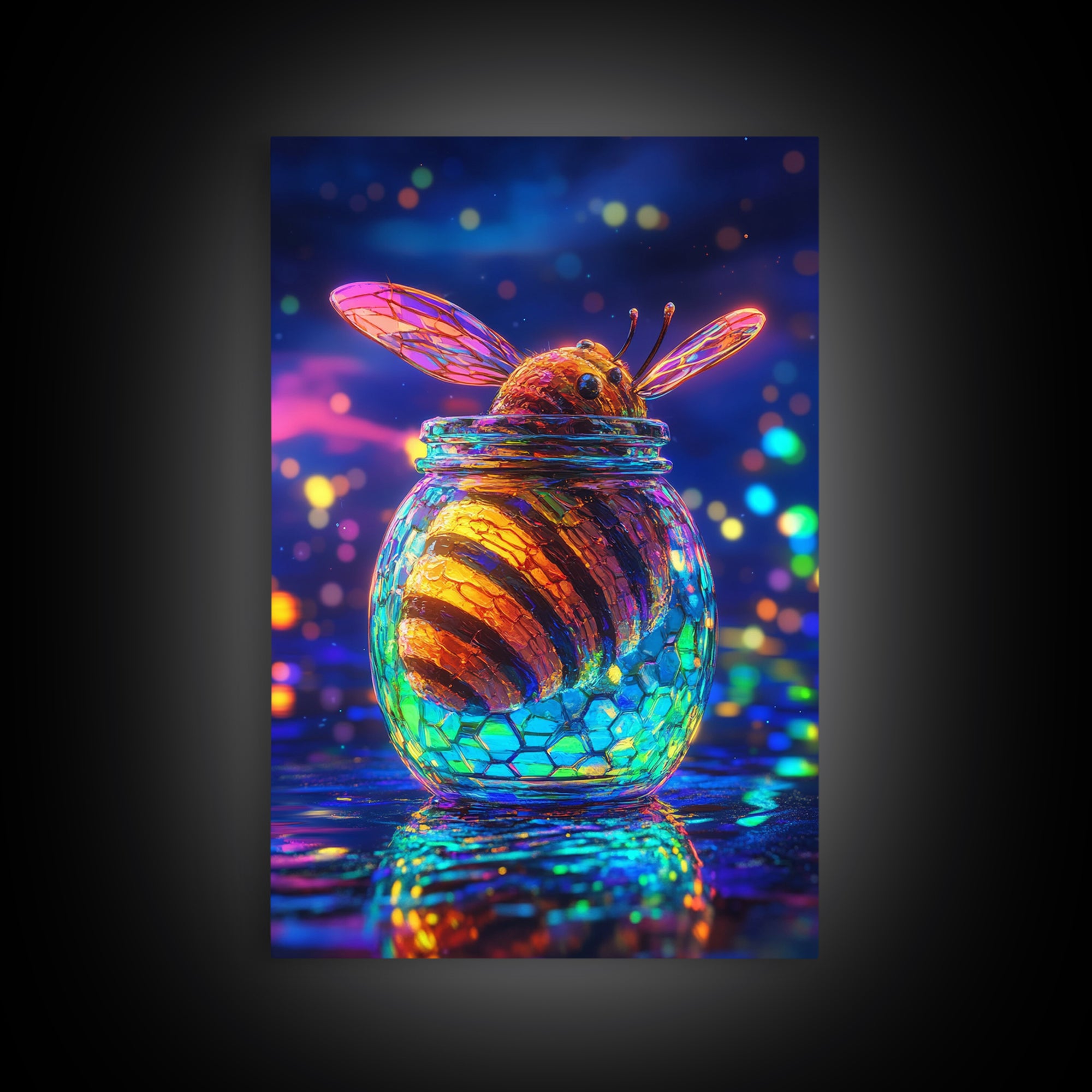 Glowing Honey Bee In Glass Jar Framed Canvas Print, Whimsical Animal Wall Art, Nature Home Decor, Bee Lover Gift For Her