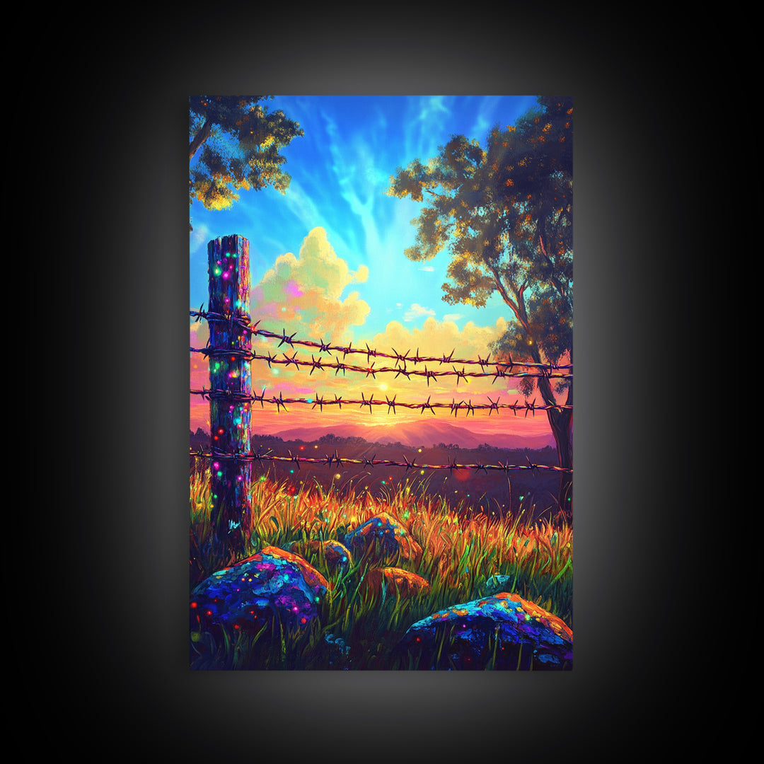 Barbed Wire Fence At Sunset Meadow Canvas Print, Rustic Western Wall Art, Farmhouse Decor, Country Landscape Housewarming Gift