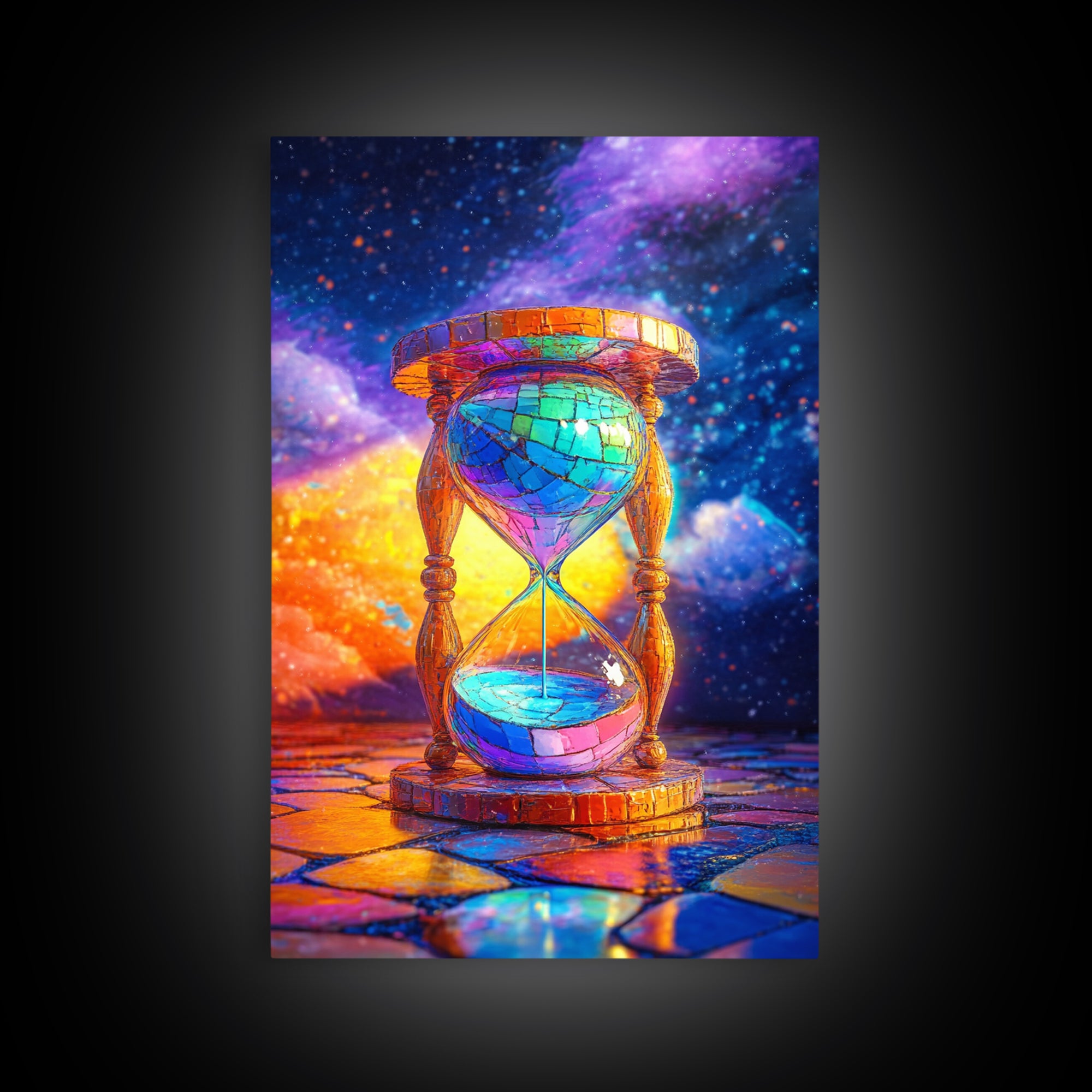 Cosmic Stained Glass Hourglass Canvas Print, Surreal Celestial Wall Art For Office Decor, Modern Home Decor Living Room Gift