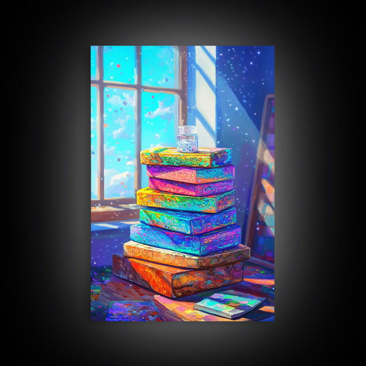 Rainbow Stack Of Books By Sunny Window Canvas Print, Cozy Bookstore Wall Art For Library Decor And Reading Nook Home Decor Gift