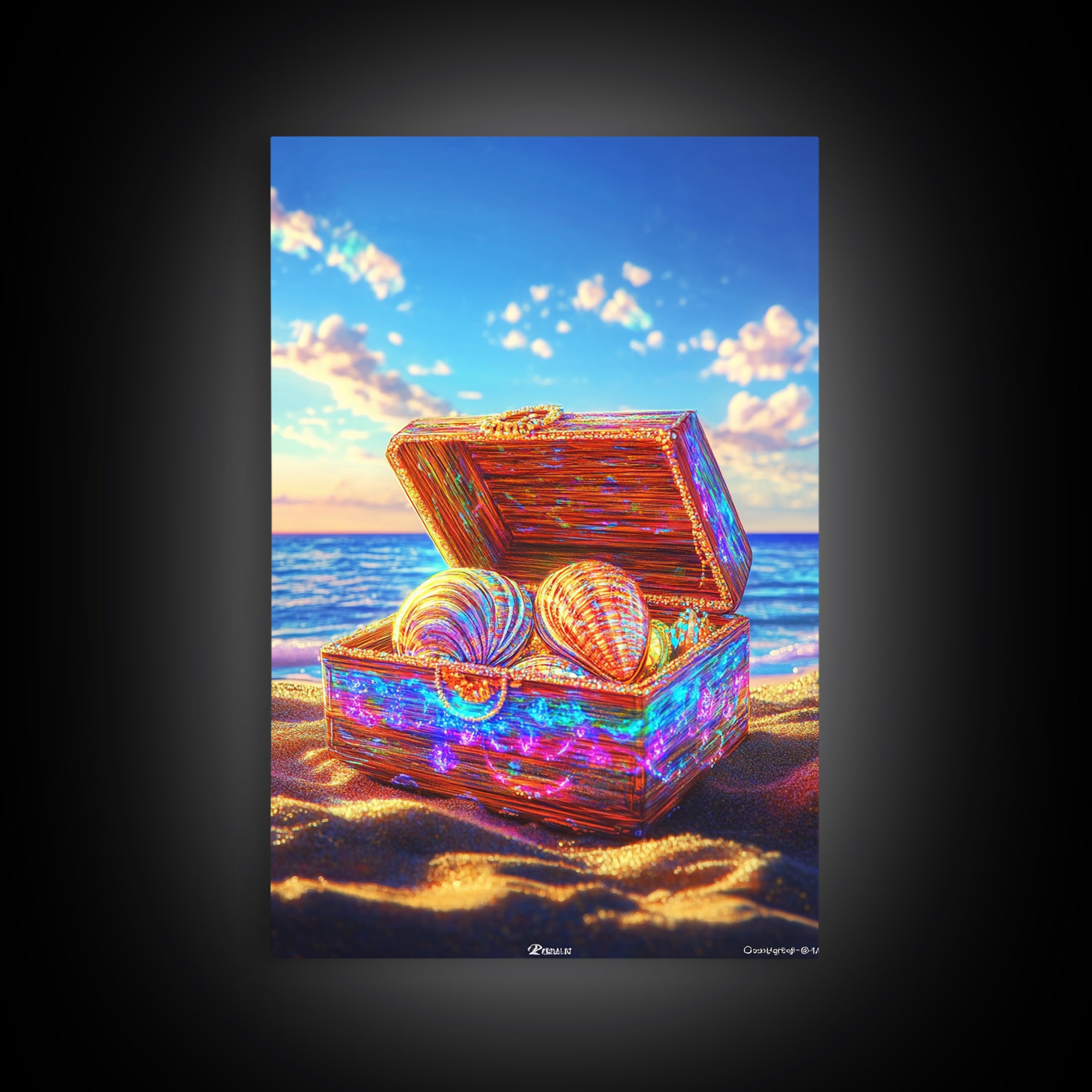 Glittering Seashell Treasure Chest Canvas Print, Coastal Beach House Decor, Ocean Wall Art, Nautical Gift For Her Home Decor