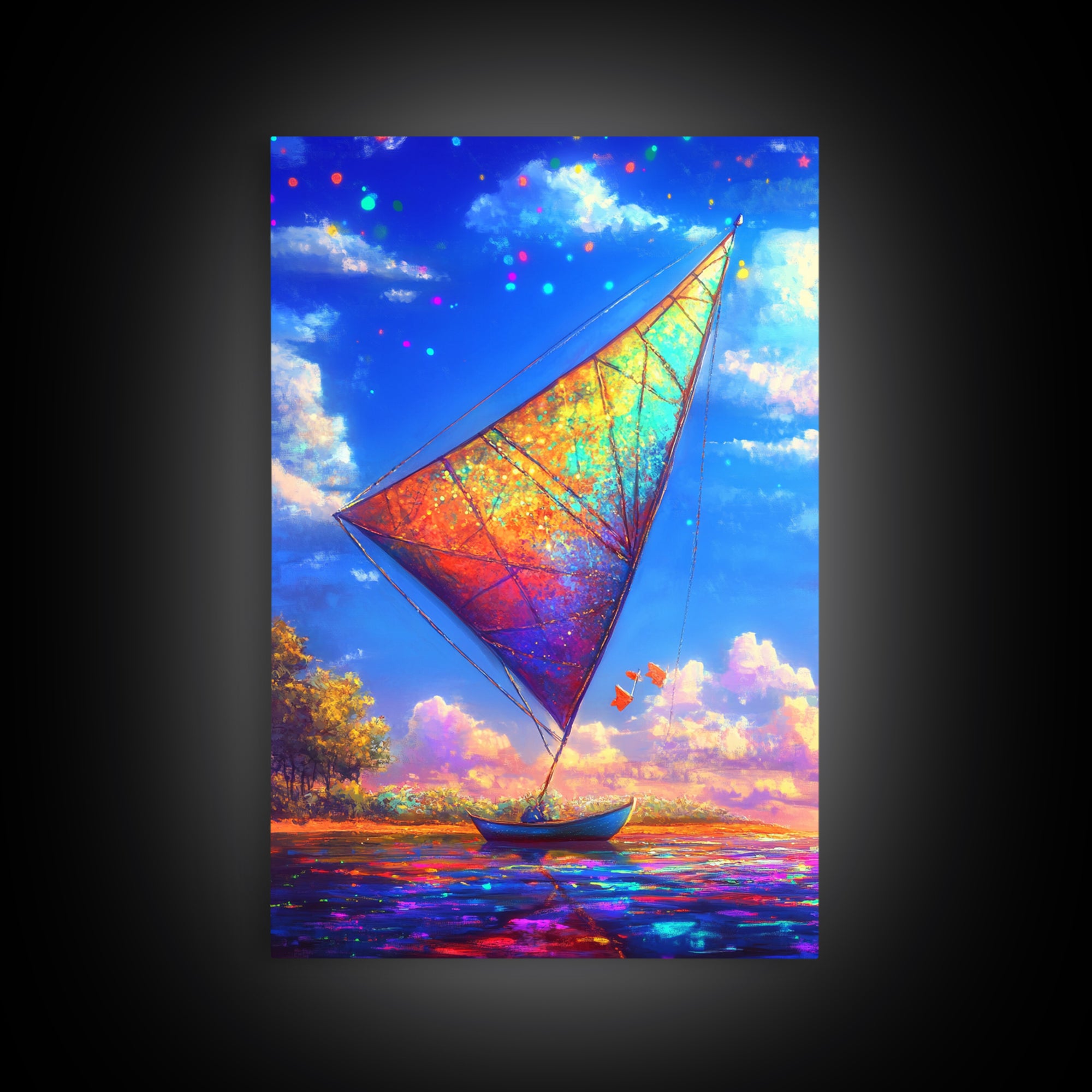 Rainbow Sailboat On Sparkling Water Wall Art, Coastal Canvas Print, Nautical Decor, Ocean Art, Beach House Gift, Home Decor