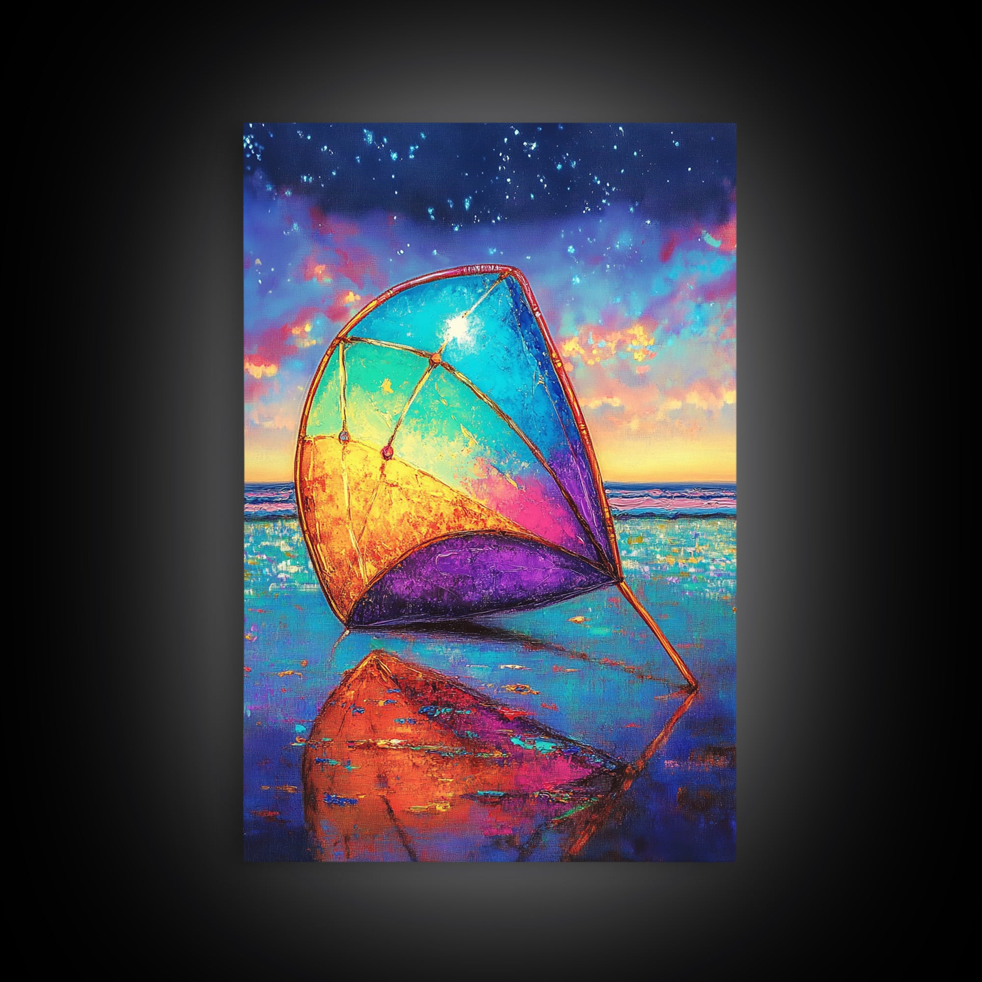 Rainbow Beach Sail At Twilight Canvas Print, Coastal Wall Art, Ocean Seascape Decor, Nautical Beach House Gift, Home Decor