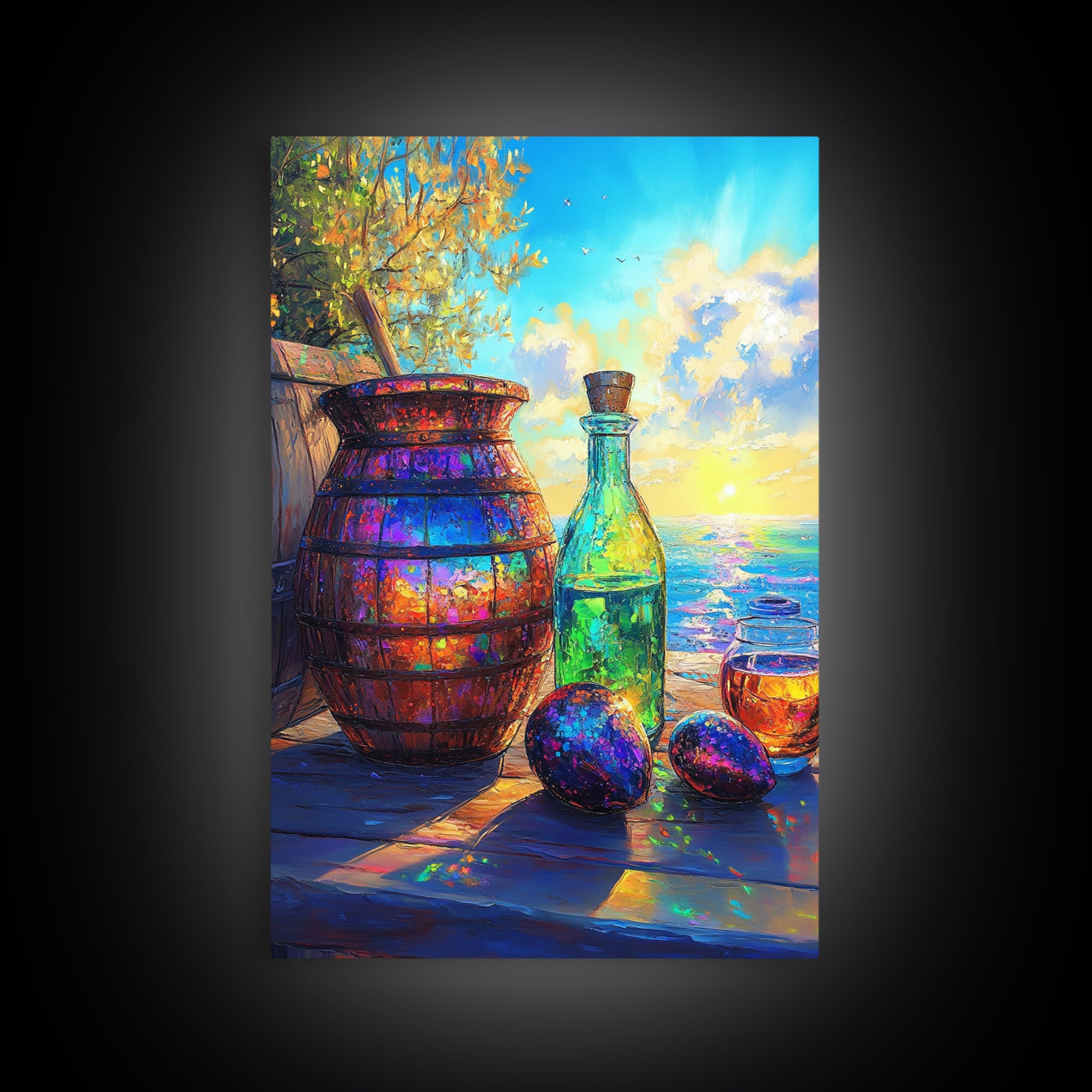 Coastal Bottle Vase And Figs Framed Canvas Print, Mediterranean Kitchen Wall Art, Wine Decor, Beach House Decor, Fine Art Print