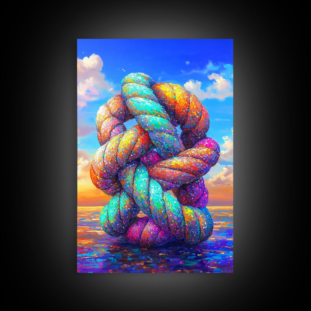 Rainbow Twisted Knot Sculpture In Ocean Framed Canvas Print, Colorful Abstract Art, Modern Wall Art, Statement Home Decor