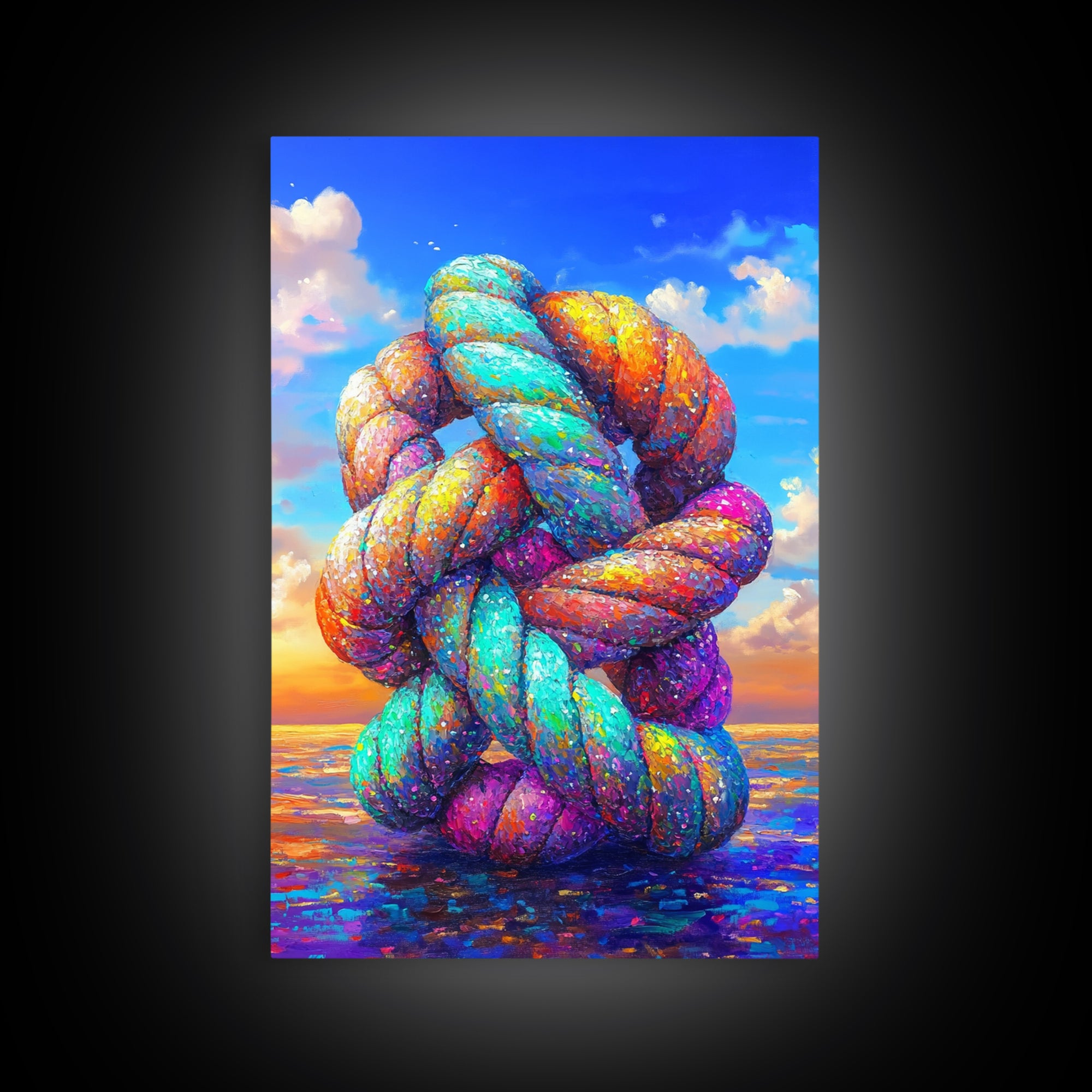 Rainbow Twisted Knot Sculpture In Ocean Framed Canvas Print, Colorful Abstract Art, Modern Wall Art, Statement Home Decor