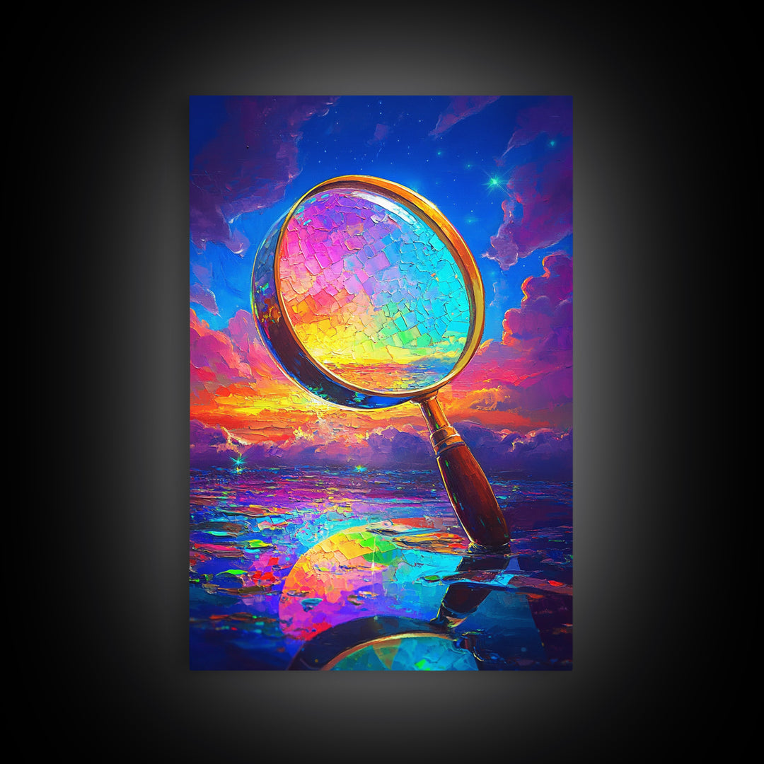 Rainbow Magnifying Glass At Sunset Canvas Print, Surreal Ocean Wall Art, Coastal Seascape Decor, Unique Office Art Gift For Him