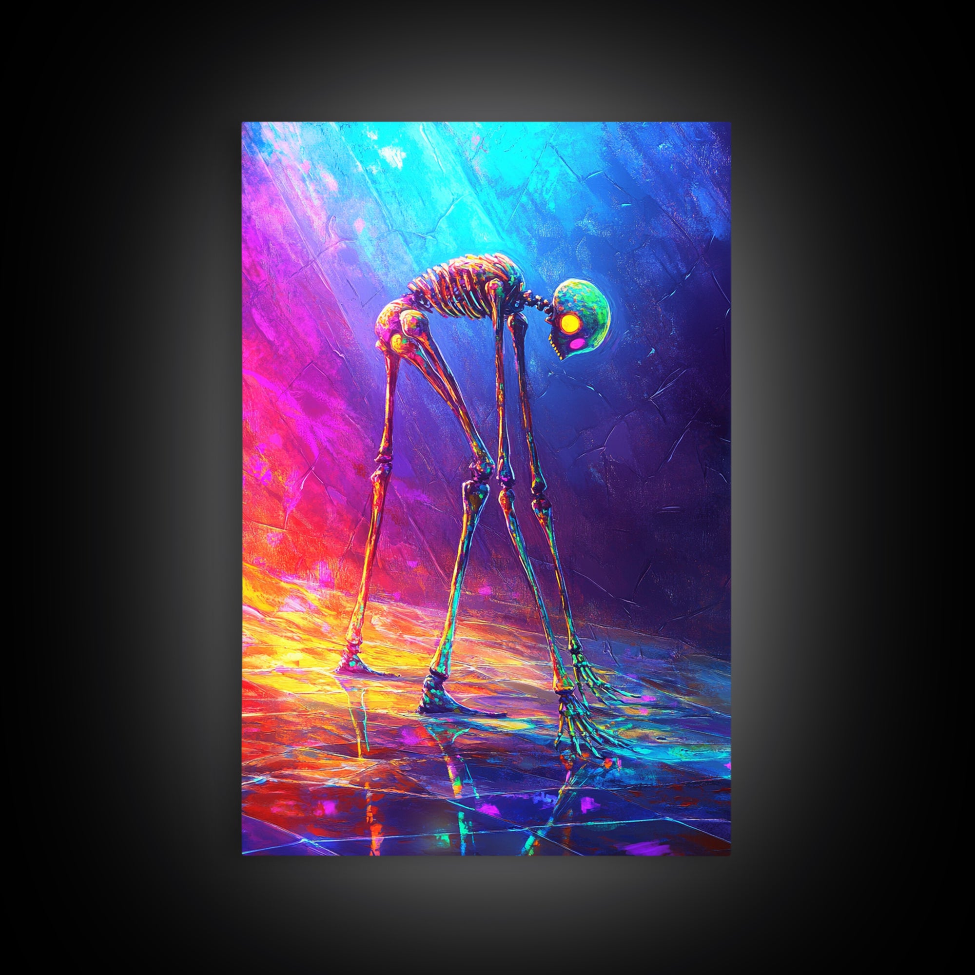 Neon Rainbow Skeleton Walker Framed Canvas Print, Surreal Dark Art, Gothic Wall Decor, Dystopian Sci Fi Artwork Gift For Him