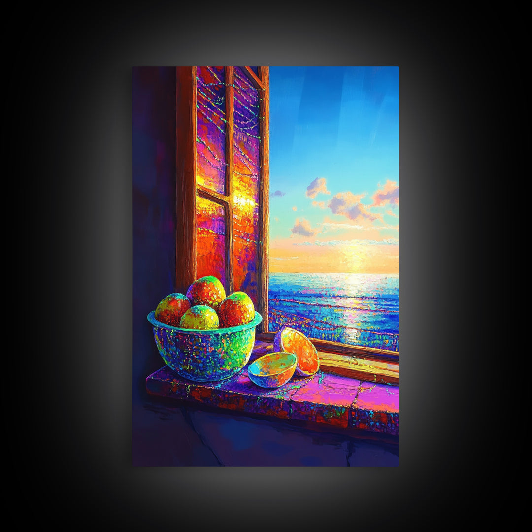 Sunlit Oranges By Ocean Window Canvas Print, Coastal Kitchen Wall Art, Beach House Decor, Vibrant Fruit Still Life Gift For Her