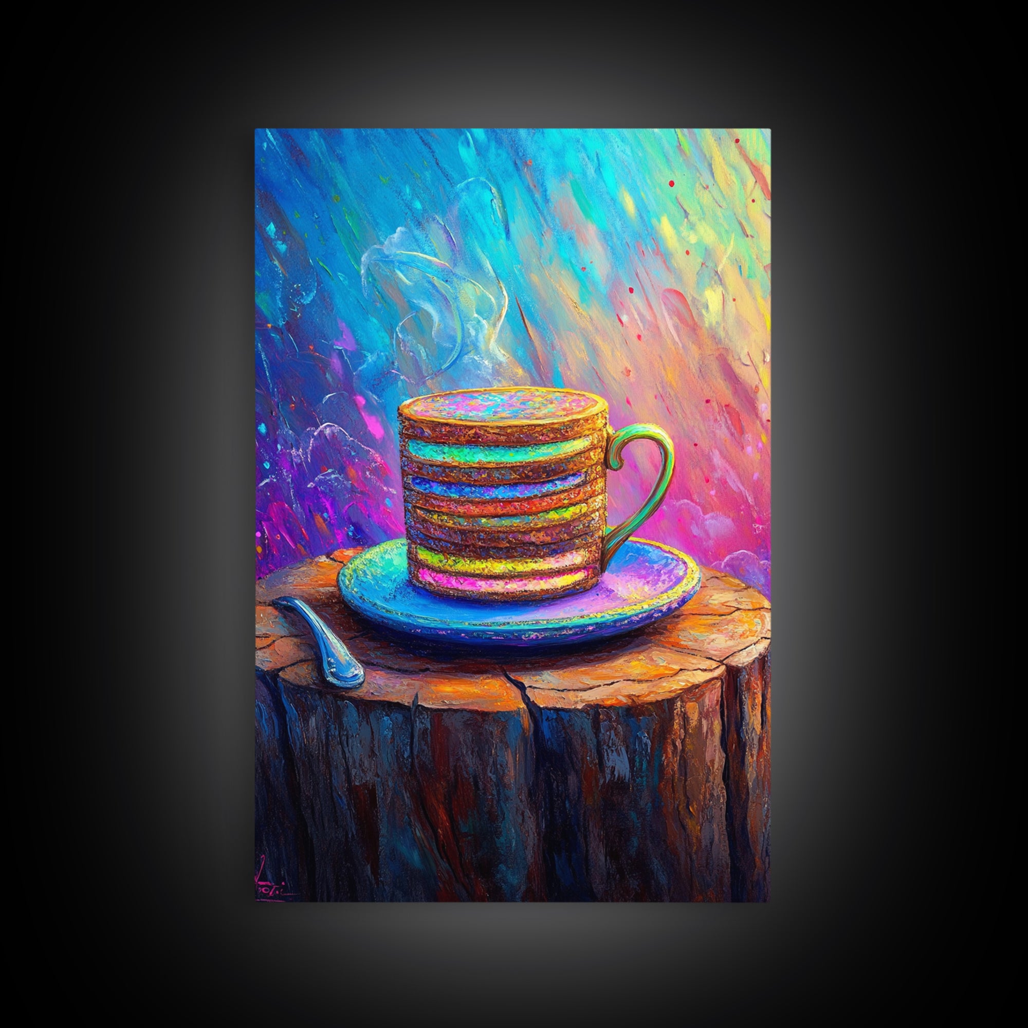 Steaming Rainbow Coffee Cup On Rustic Stump Canvas Print, Cozy Kitchen Wall Art, Coffee Bar Decor, Gift For Coffee Lover