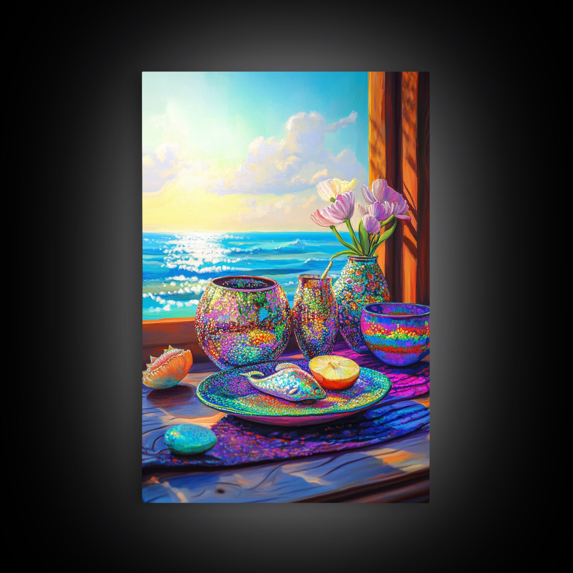 Seaside Shells And Flowers On Sunny Table Canvas Print, Coastal Kitchen Wall Art, Beach House Decor, Ocean Home Decor Gift
