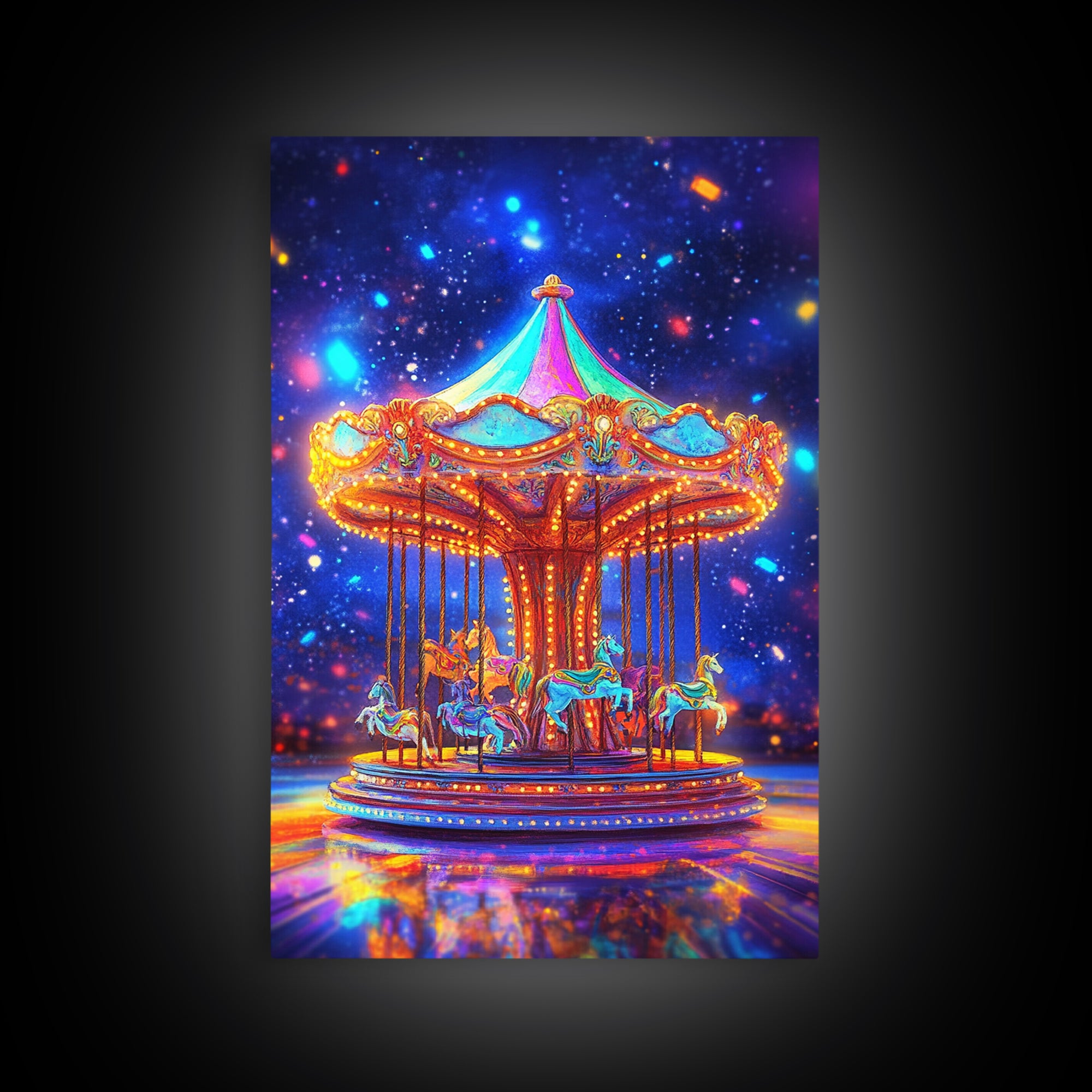 Glowing Carousel Horses Under Starry Sky Canvas Print, Whimsical Wall Art, Nursery Decor, Fantasy Art, Kids Room Decor Gift