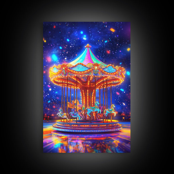Glowing Carousel Horses Under Starry Sky Canvas Print, Whimsical Wall Art, Nursery Decor, Fantasy Art, Kids Room Decor Gift