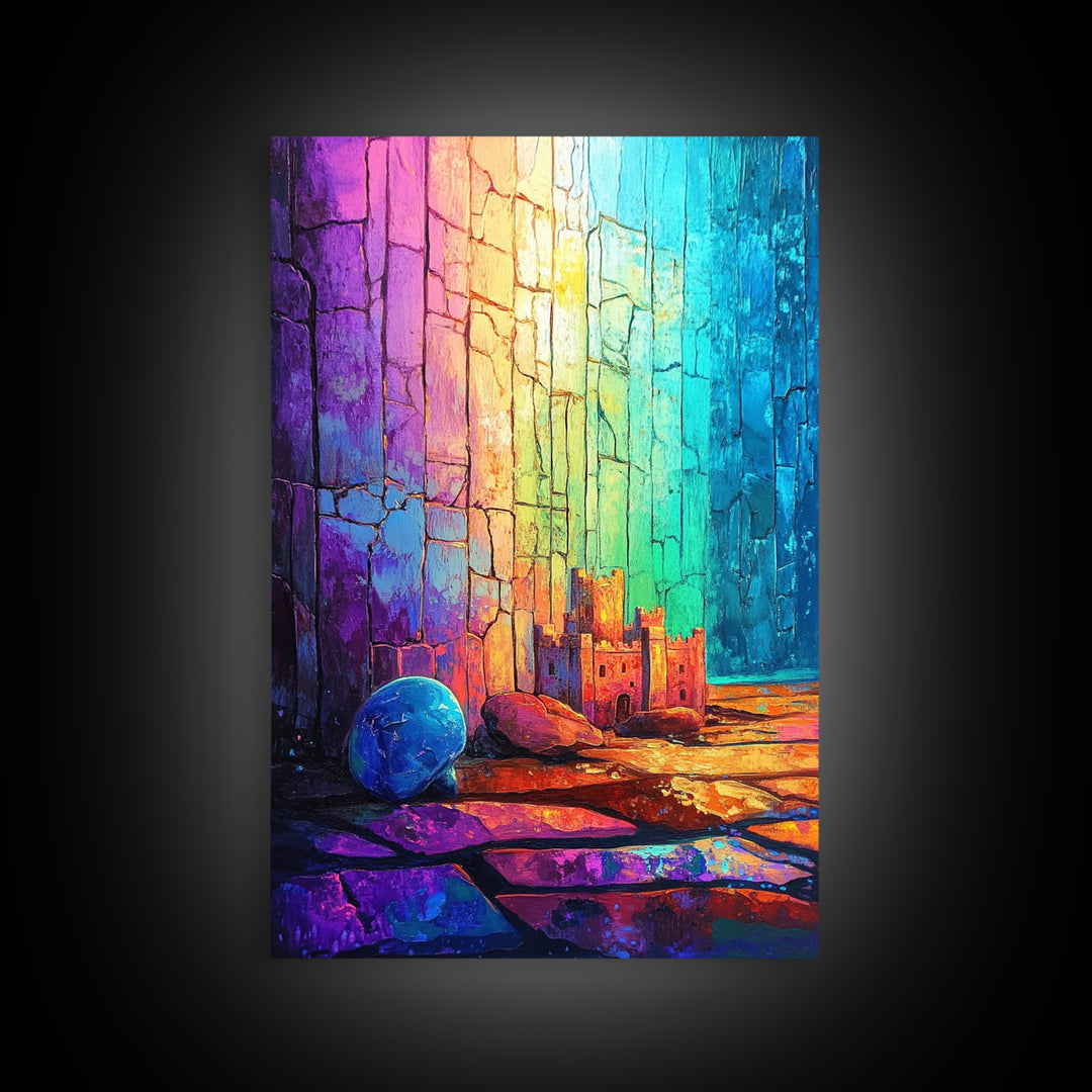 Tiny Castle And Blue Ball In Rainbow Light Framed Canvas Print, Abstract Wall Art, Colorful Decor, Whimsical Fantasy Gift
