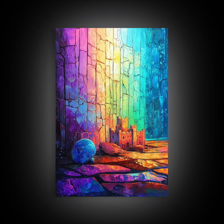 Tiny Castle And Blue Ball In Rainbow Light Framed Canvas Print, Abstract Wall Art, Colorful Decor, Whimsical Fantasy Gift