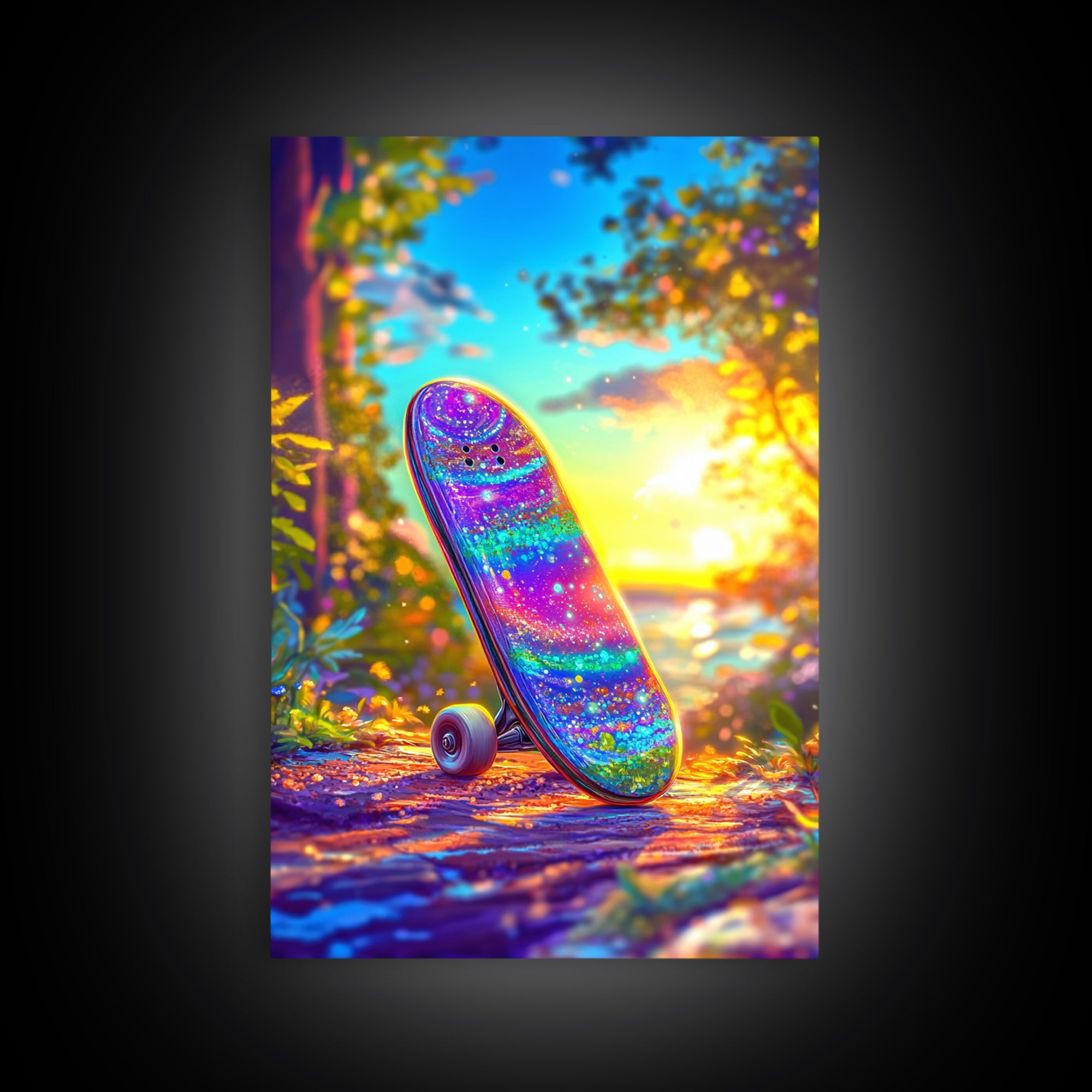 Rainbow Glitter Skateboard At Golden Sunset Wall Art, Canvas Print, Colorful Teen Room Decor, Skateboard Poster, Unique Gift