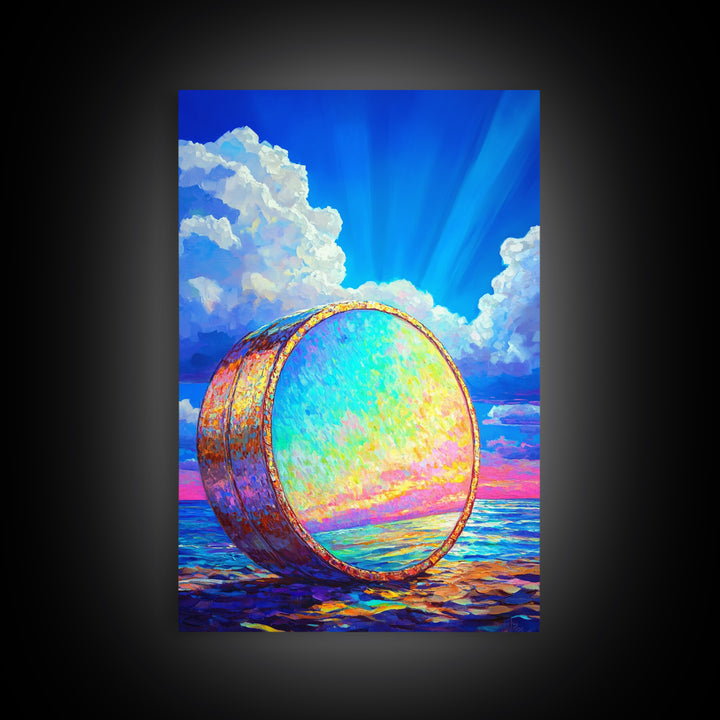Iridescent Ocean Drum Under Blue Sky Canvas Print, Coastal Wall Art, Music Room Decor, Seascape Art Print, Colorful Gift
