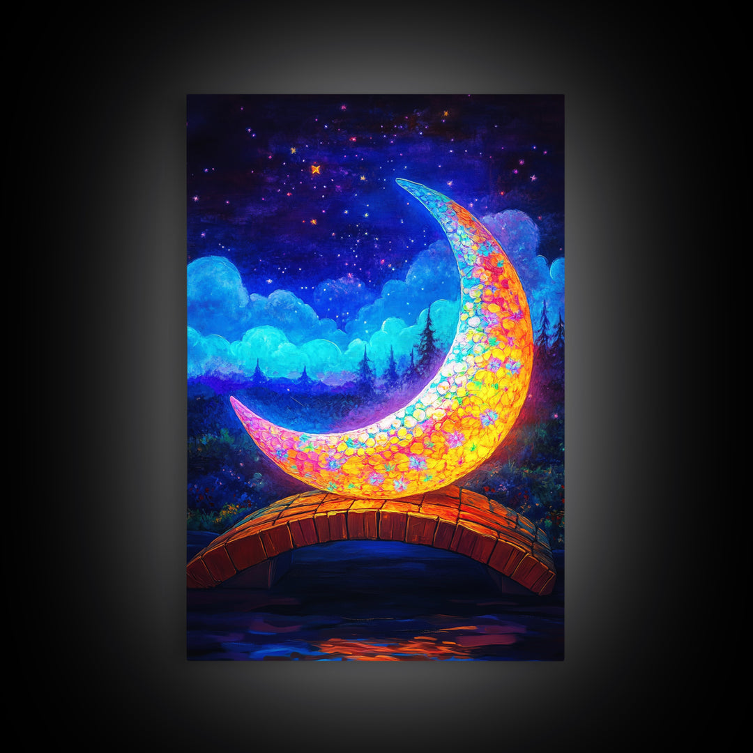 Glowing Crescent Moon Bridge Wall Art, Celestial Canvas Print, Fantasy Nursery Decor, Whimsical Night Sky Art Gift For Kids Room