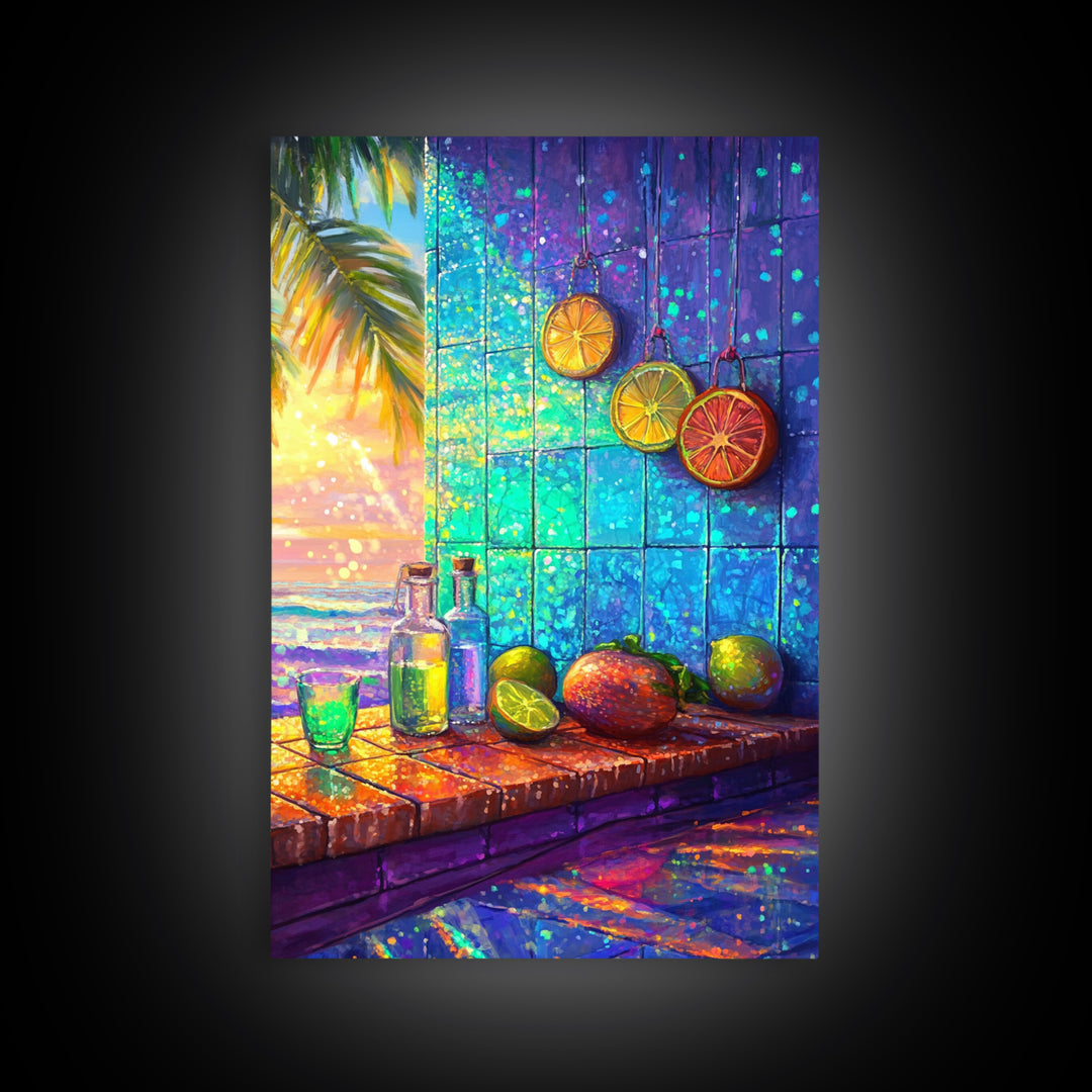 Tropical Citrus Window Still Life Framed Canvas Print, Coastal Kitchen Wall Art, Beach House Decor, Colorful Bar Art Poster