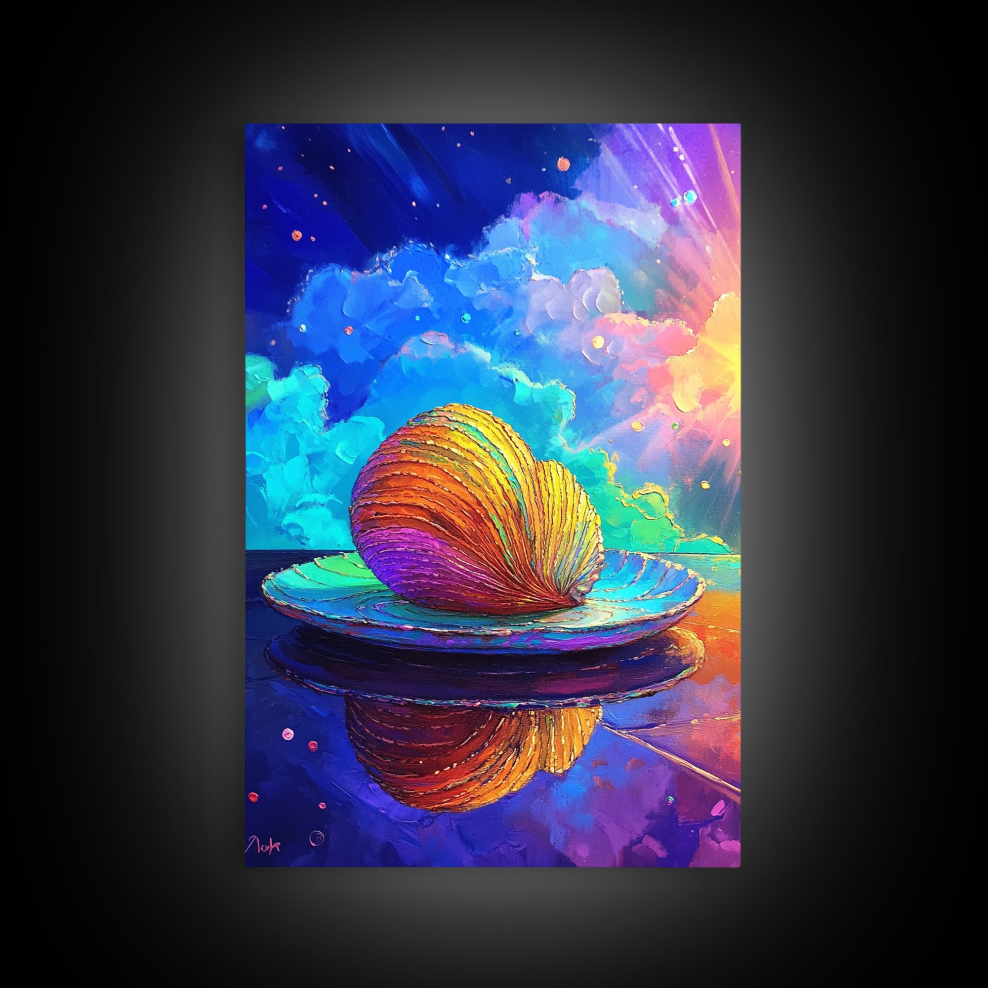 Rainbow Seashell On Reflective Plate Wall Art, Coastal Canvas Print, Ocean Decor, Beach House Gift, Colorful Seascape Art