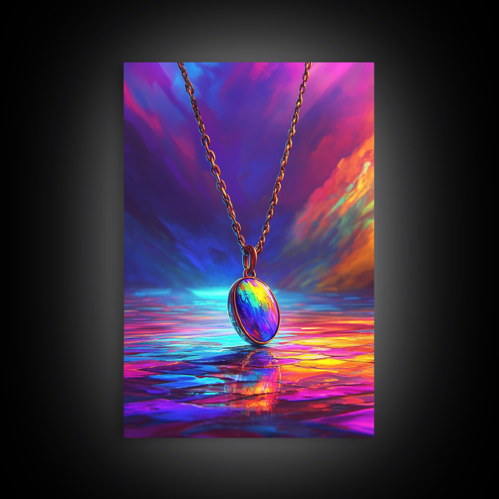 Rainbow Pendant Necklace Over Sunset Sea Framed Canvas Print, Colorful Wall Art, Jewelry Lover Gift, Romantic Ocean Decor