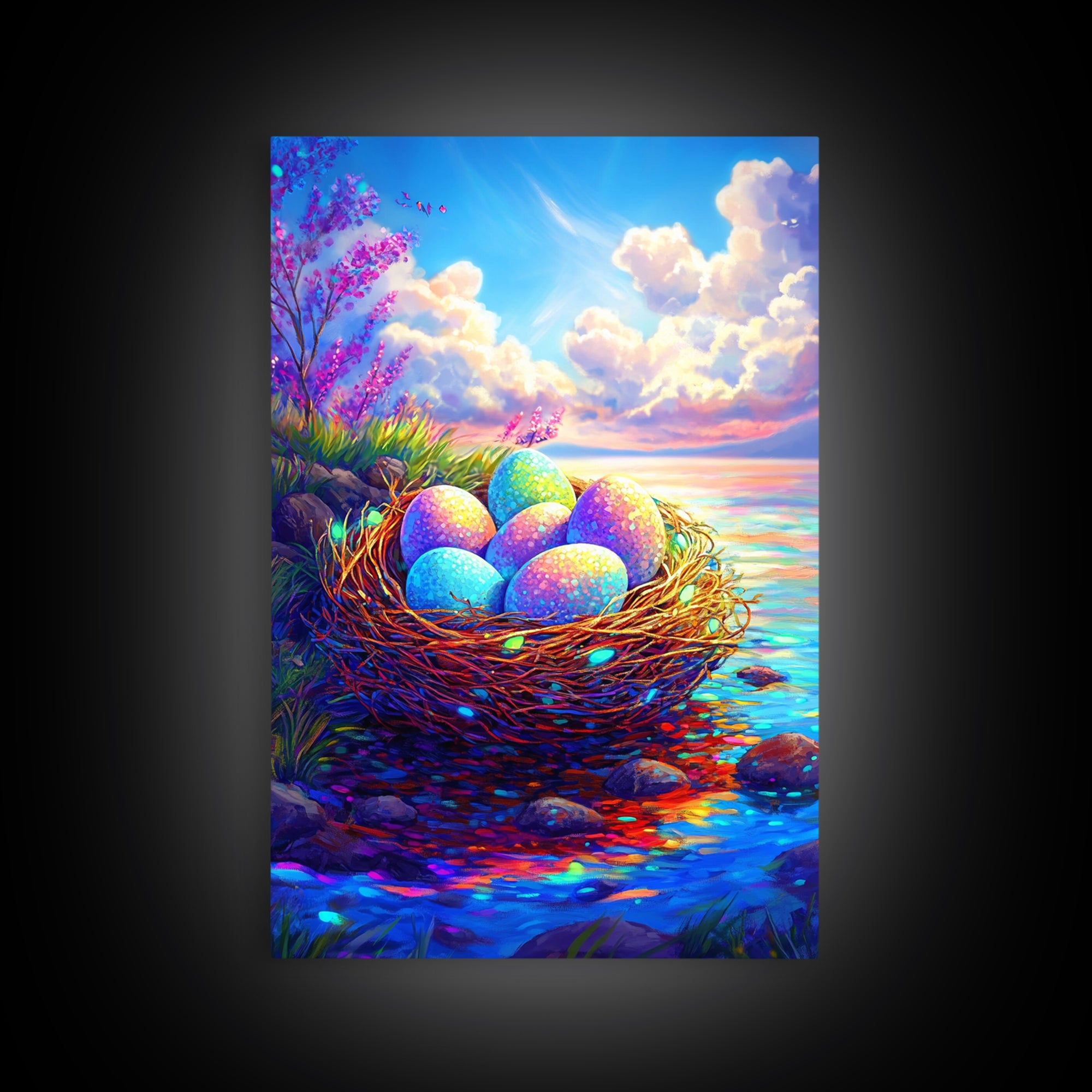Pastel Eggs In Seaside Nest Wall Art, Colorful Coastal Canvas Print, Easter Nursery Decor, Whimsical Housewarming Gift