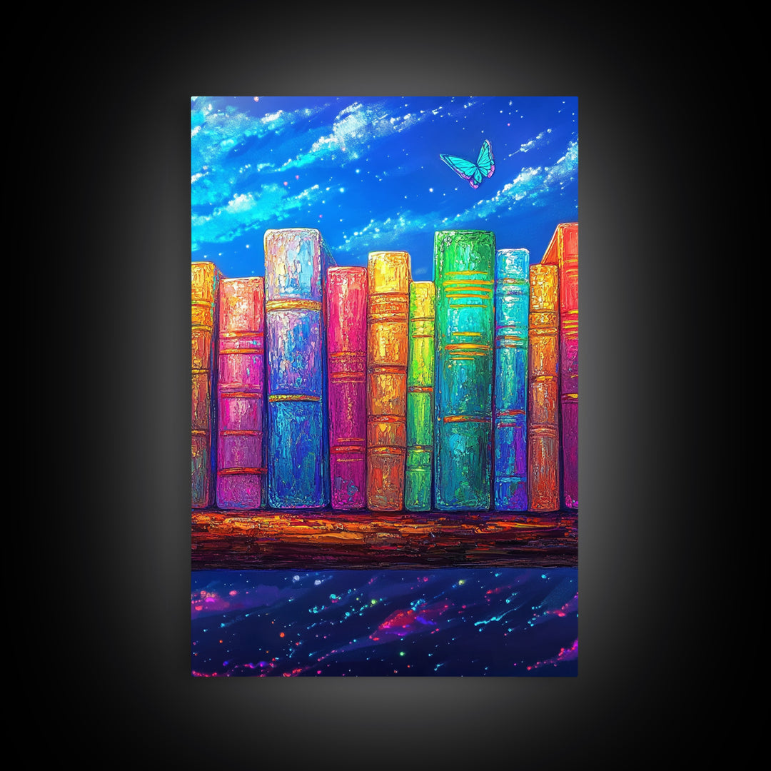 Rainbow Books Under Starry Sky Wall Art, Colorful Library Canvas Print, Book Lover Gift, Reading Nook Home Office Decor Print