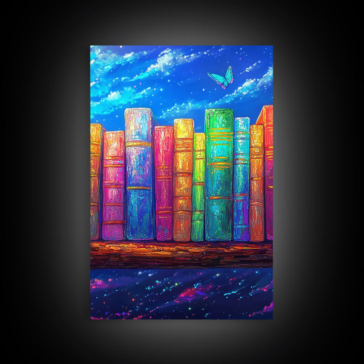 Rainbow Books Under Starry Sky Wall Art, Colorful Library Canvas Print, Book Lover Gift, Reading Nook Home Office Decor Print