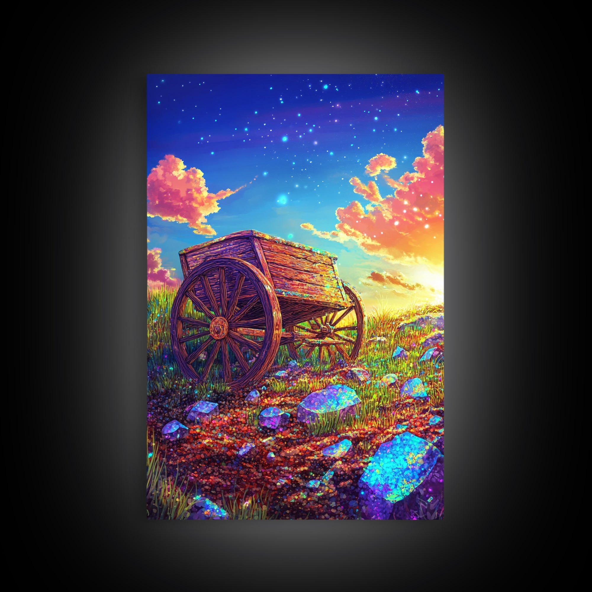 Rustic Wooden Wagon In Starry Meadow Wall Art, Colorful Country Landscape Canvas Print, Western Farmhouse Decor Housewarming Gift