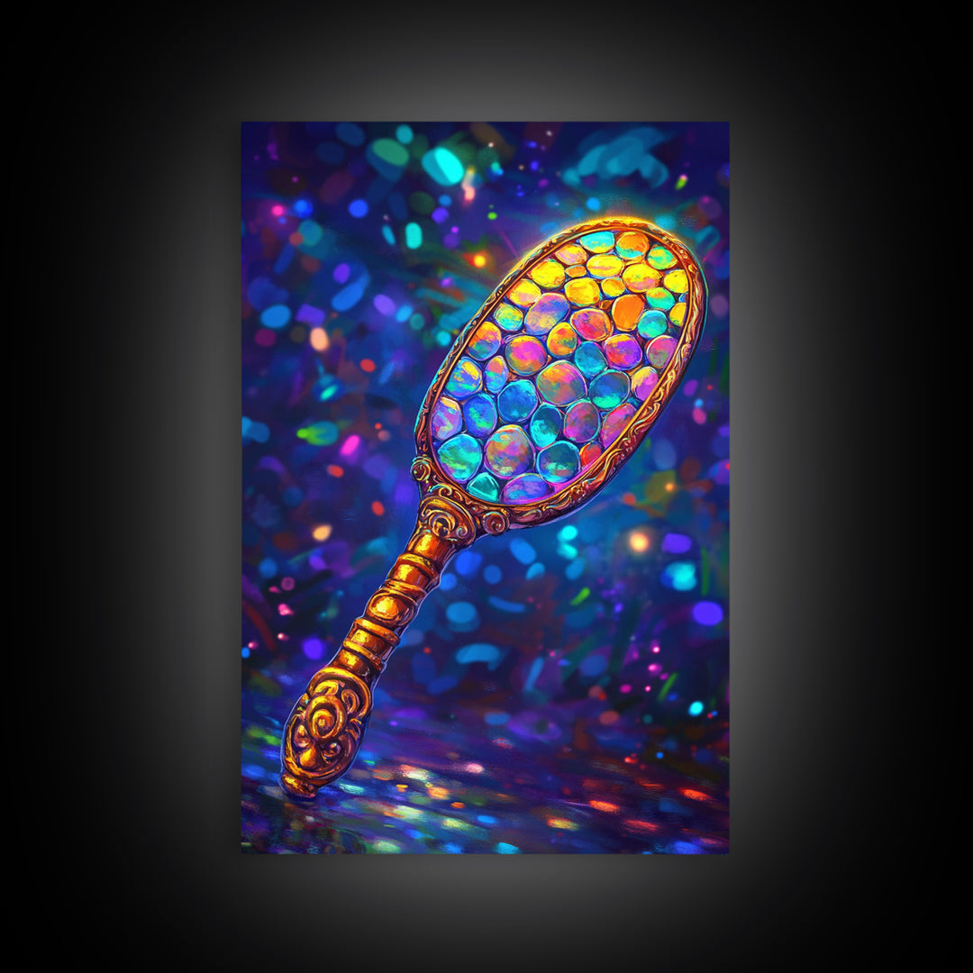 Iridescent Hand Mirror Wall Art, Rainbow Glass Painting, Maximalist Bathroom Decor, Dopamine Decor, Framed Canvas Print, Gift