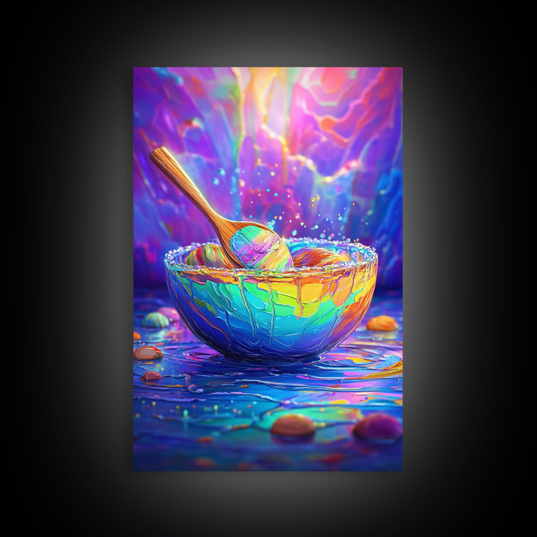 Rainbow Bowl And Spoon Canvas Print, Colorful Kitchen Still Life Painting, Dopamine Decor, Whimsical Wall Art, Foodie Gift