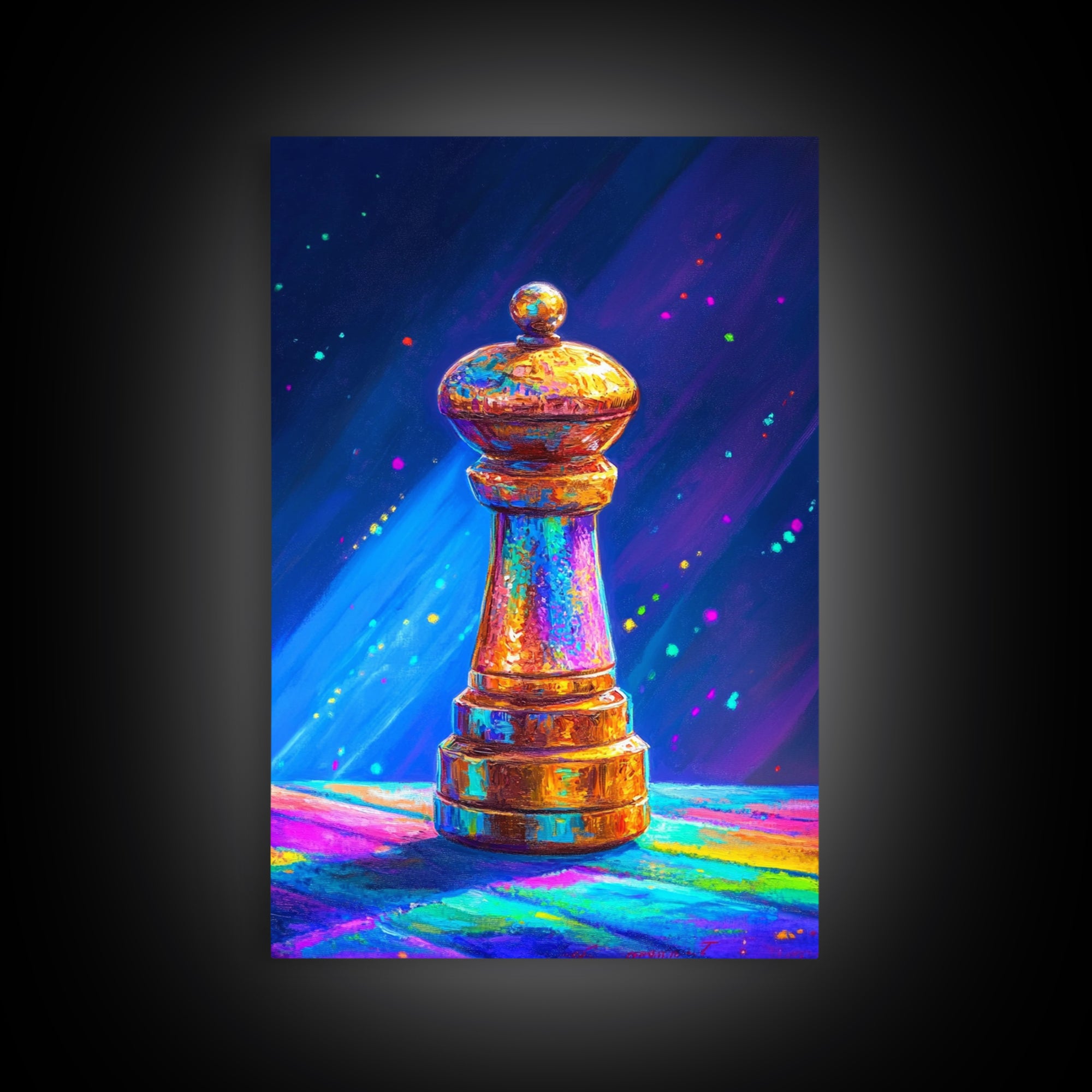 Glowing Rainbow Chess Piece Framed Canvas Print, Game Room Art, Masculine Office Decor, Modern Wall Art, Home Office Decor, Gift For Him