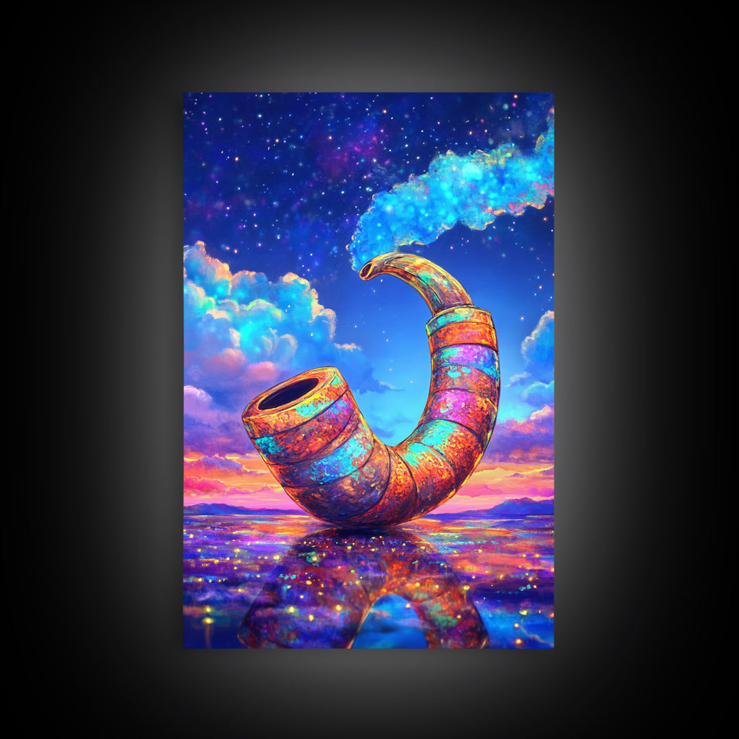 Cosmic Rainbow Smoking Pipe Framed Canvas Print, Surreal Wall Art, Psychedelic Space Decor, Colorful Statement Wall Art