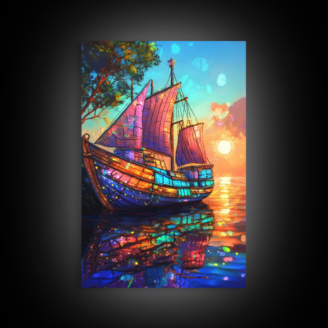 Stained Glass Sailboat At Sunset Canvas Print, Coastal Wall Art, Nautical Decor, Ocean Seascape Living Room Wall Art, Beach House Decor