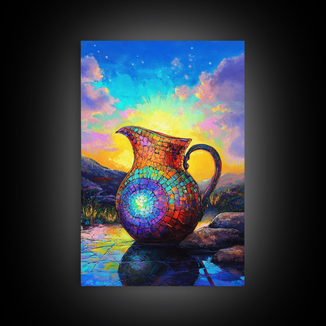 Mosaic Rainbow Pitcher At Sunrise Framed Canvas Print, Colorful Wall Art, Southwestern Decor, Mountain Landscape Painting