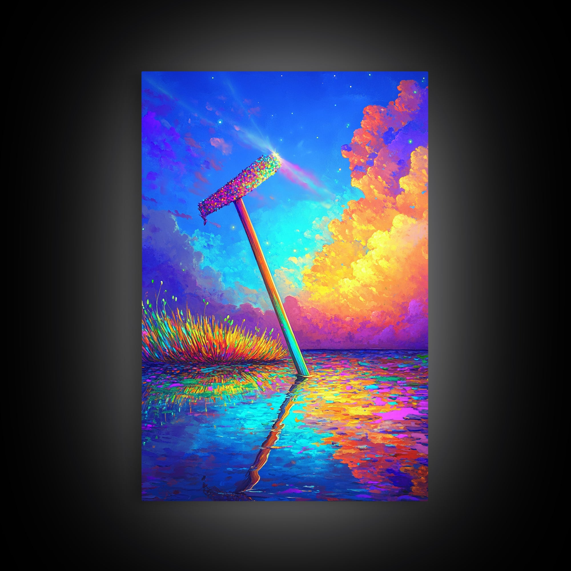 Glowing Rainbow Squeegee In Water Canvas Print, Surreal Wall Art, Dopamine Decor, Colorful Abstract Landscape, Statement Wall Art