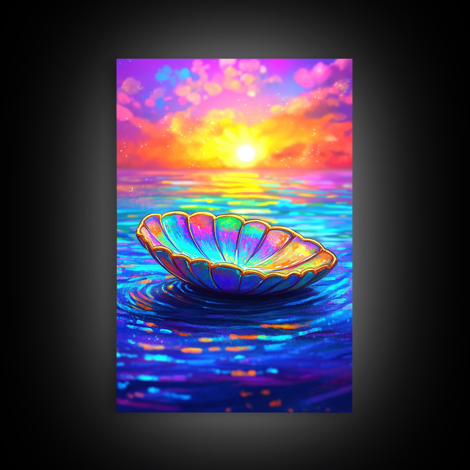 Iridescent Shell Bowl At Ocean Sunset Wall Art, Coastal Decor, Beach House Art, Colorful Seascape Canvas Print, Living Room Wall Art