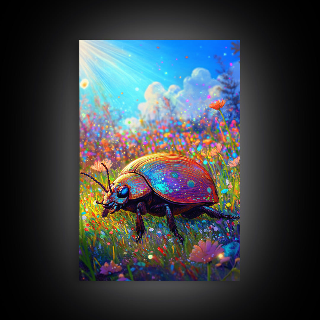 Rainbow Ladybug In Sunlit Wildflower Meadow Canvas Print, Whimsical Animal Art, Nature Wall Art, Bright Colorful Nursery Decor