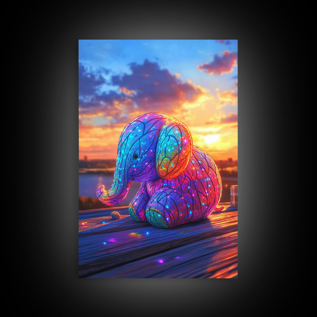 Glowing Rainbow Baby Elephant At Sunset Wall Art, Whimsical Animal Art, Nursery Wall Art, Colorful Kids Room Decor Cute Gift