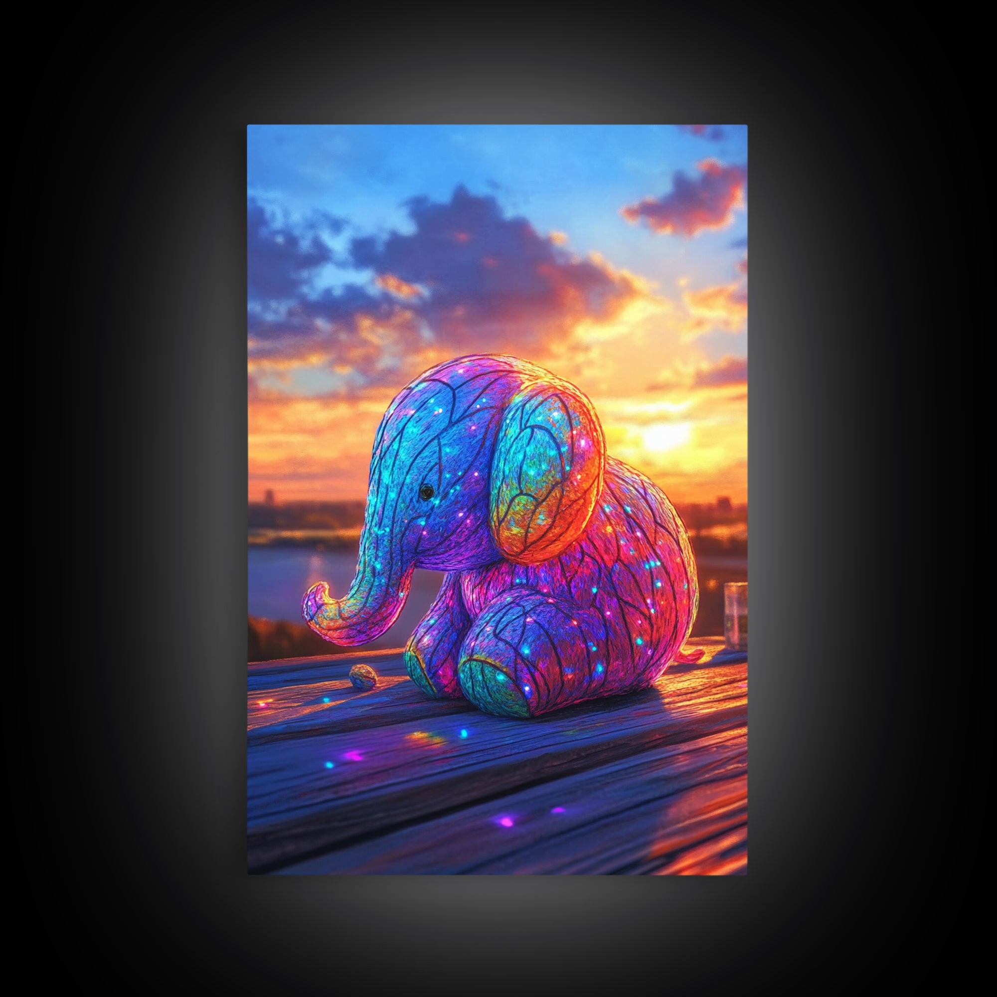 Glowing Rainbow Baby Elephant At Sunset Wall Art, Whimsical Animal Art, Nursery Wall Art, Colorful Kids Room Decor Cute Gift