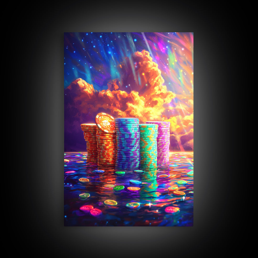 Glowing Crypto Coin Stacks Under Cosmic Sky Canvas Print, Bitcoin Art, Neon Wall Art, Gamer Room Decor, Gift For Him, Modern Art