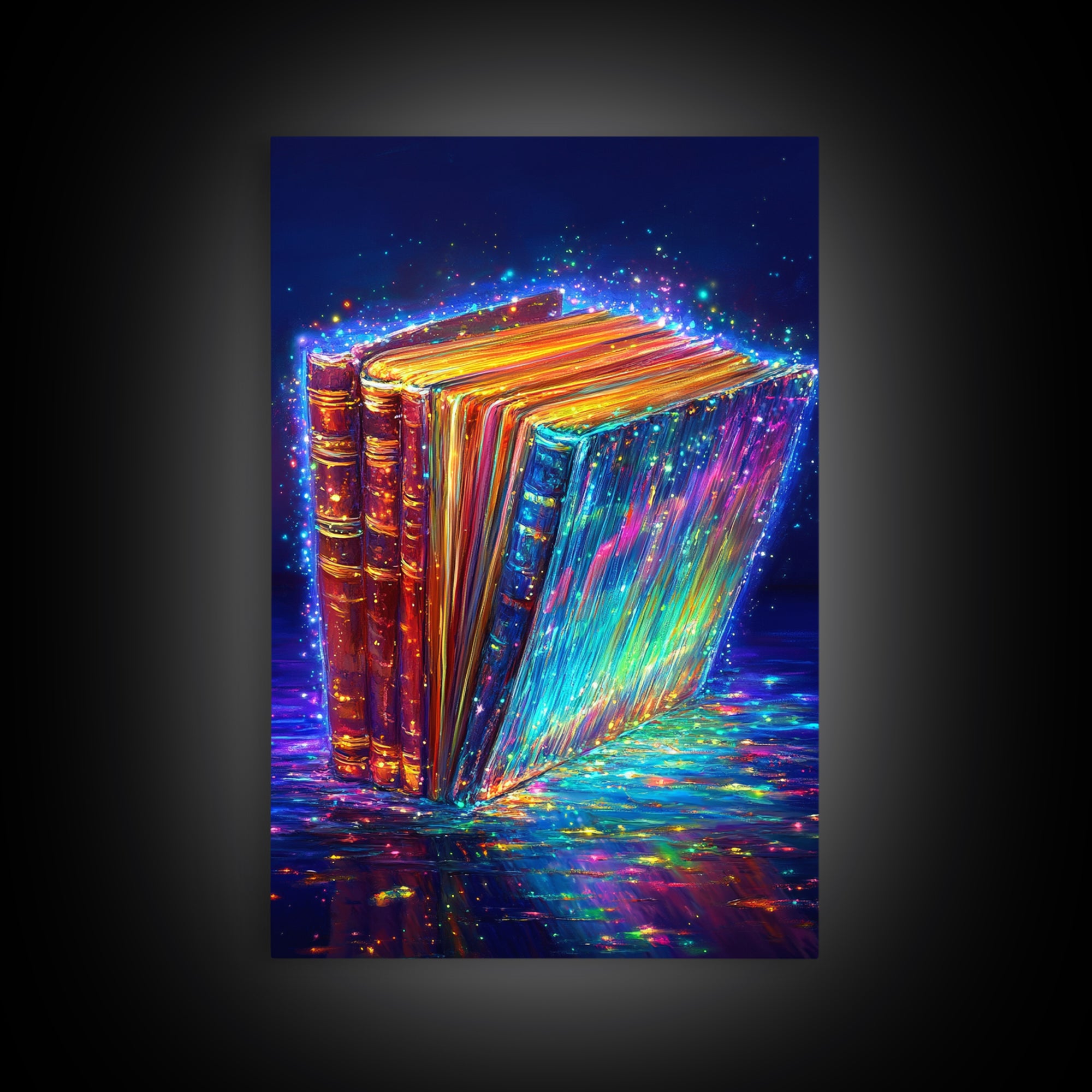 Glowing Rainbow Books With Sparkling Magic Wall Art, Library Decor, Book Lover Gift, Dark Academia, Fantasy Art Print, Home Decor