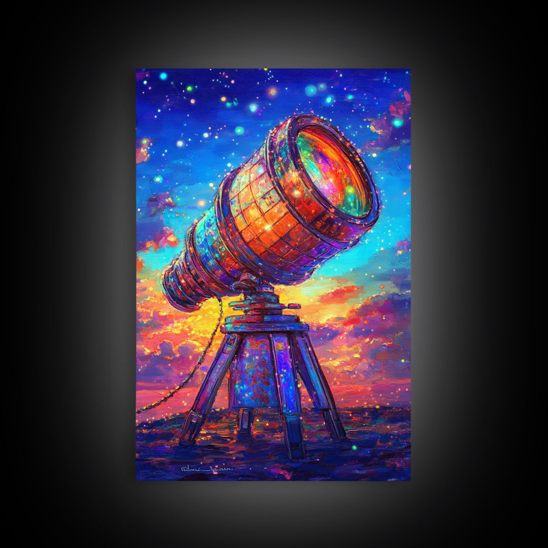 Rainbow Telescope Under Starry Sunset Sky Canvas Print, Astronomy Wall Art, Space Decor, Celestial Art, Gift For Him, Sci Fi Art