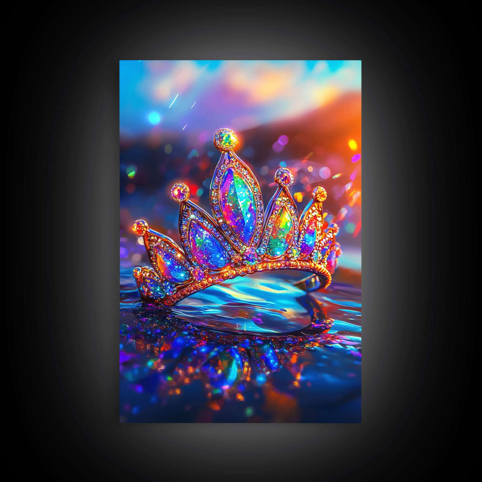 Sparkling Rainbow Tiara Crown On Water Canvas Print, Princess Wall Art, Girly Room Decor, Maximalist Wall Decor Gift For Her