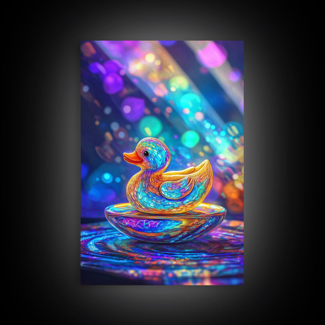 Glowing Rainbow Rubber Duck Canvas Print, Whimsical Animal Wall Art, Cute Bathroom Decor For Kids Room And Nursery Gift