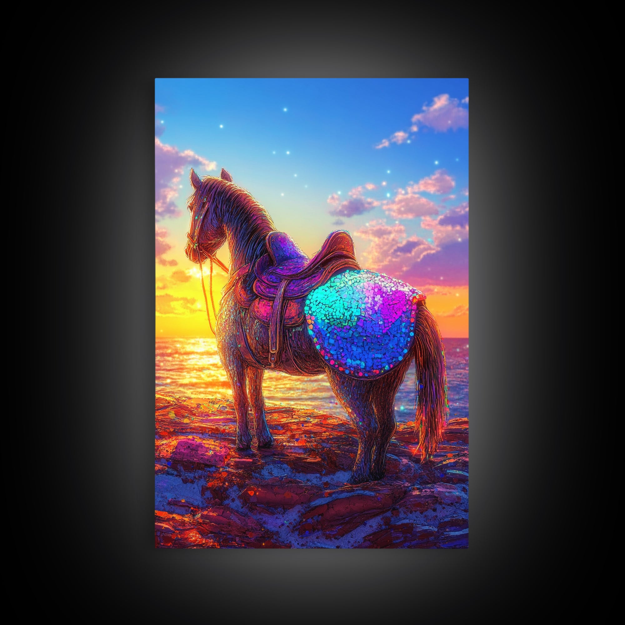 Sunset Horse On Beach Framed Canvas Print, Western Wall Art, Coastal Cowgirl Decor, Equestrian Gift For Horse Lover, Living Room Decor