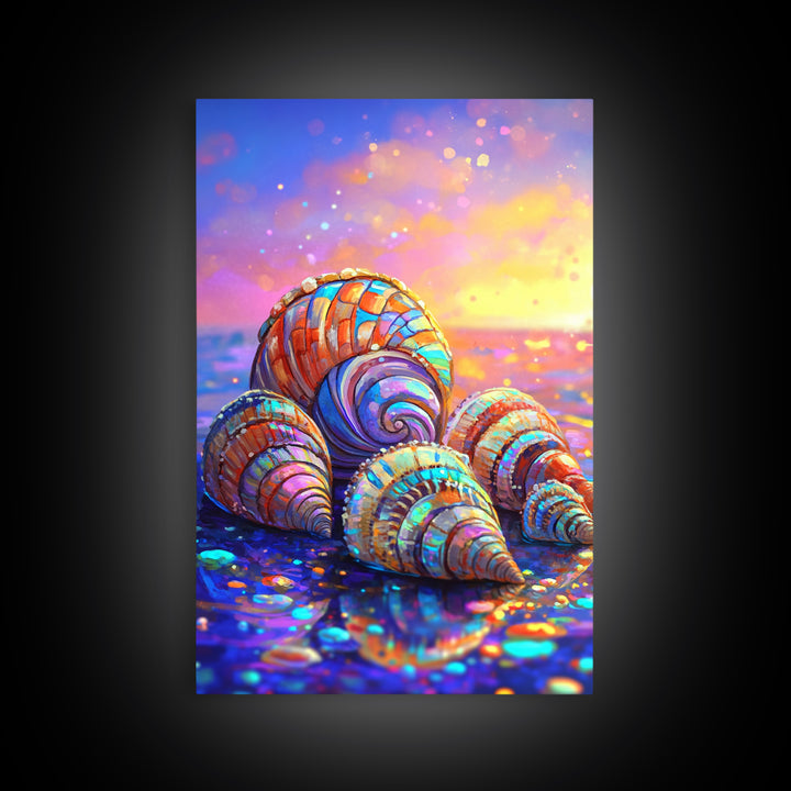 Rainbow Seashells On Sunset Shore Canvas Print, Coastal Wall Art, Beach House Decor, Ocean Wall Decor, Summer Gift For Her